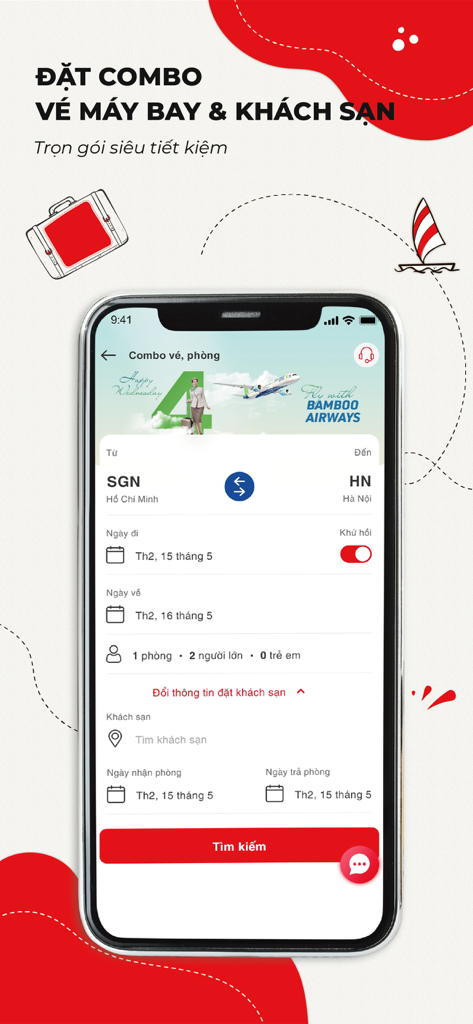 Sen Vàng Group - Tela do aplicativo móvel Sen Vang Group para reserva de pacotes combinados de voo e hotel no Vietnã