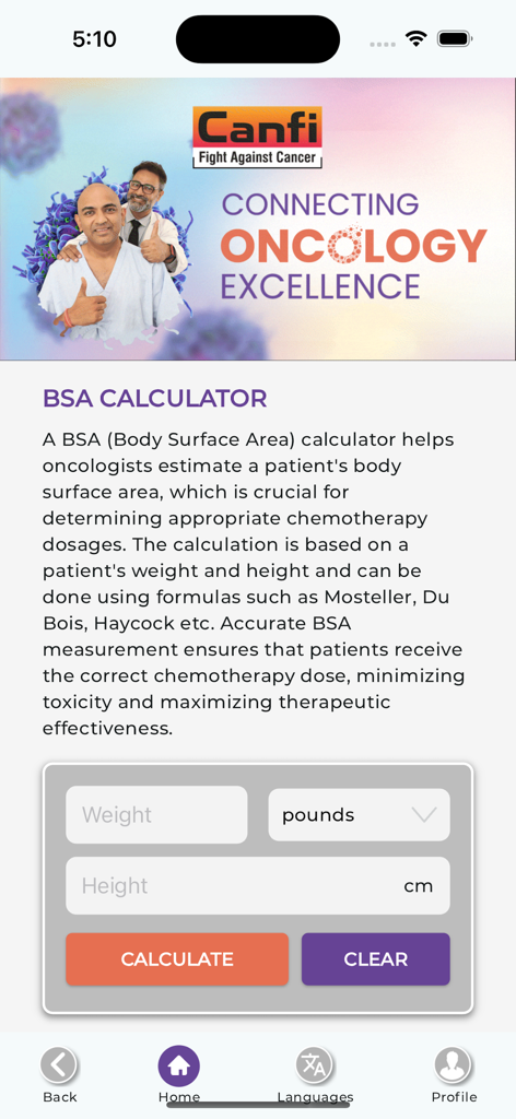 MSN Canfi - BSA calculator screen in the MSN Canfi oncology app for chemotherapy dosage estimation