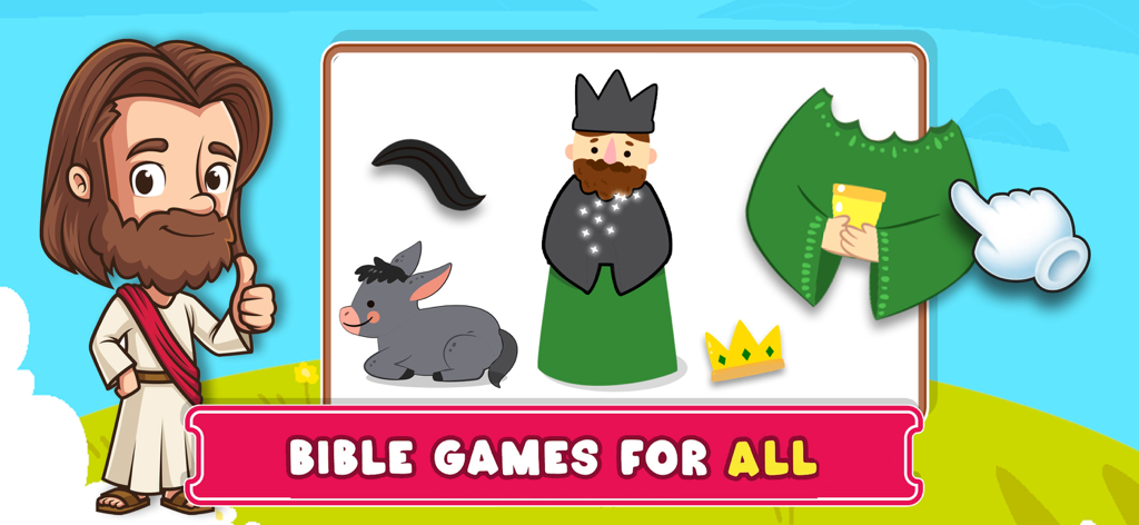 Bible Puzzles and Games - Interface of a Bible puzzle game showing cartoon Jesus and character dress up pieces