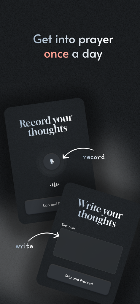 Interface of Pray Screen Time app for recording or writing daily prayer thoughts