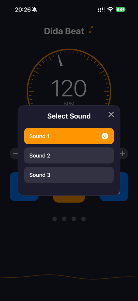 嘀嗒拍 - A sound selection modal window within the Dida Beat metronome app interface featuring multiple audio options.