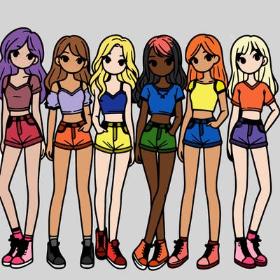 a group of girls wearing crop tops and shorts