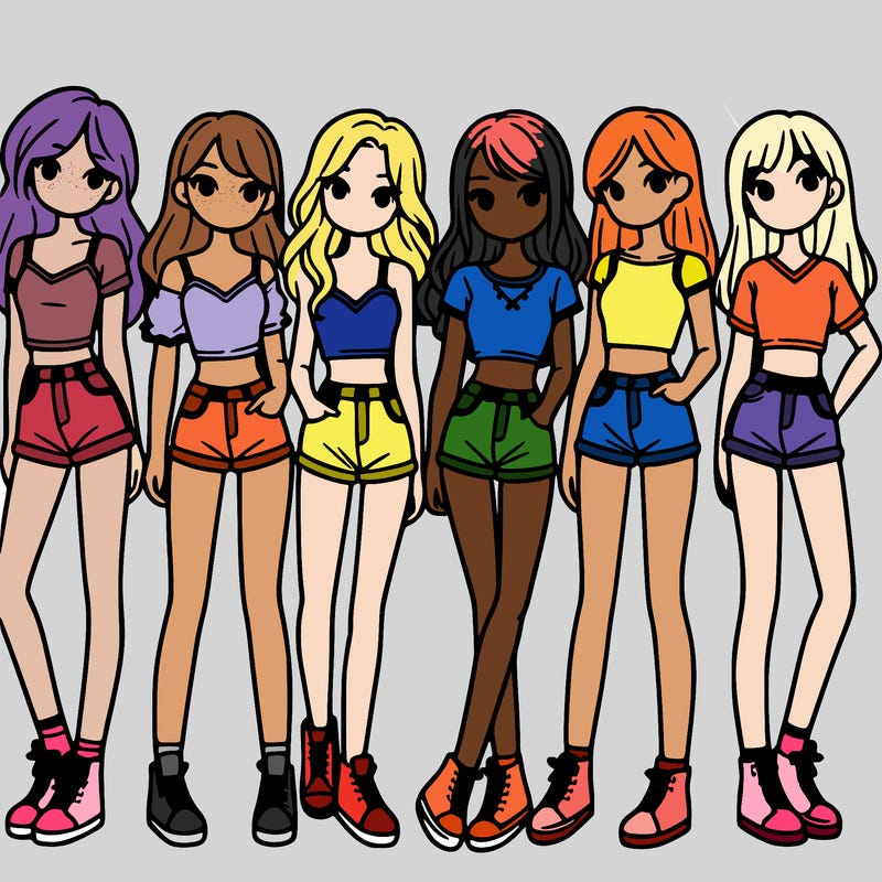 a group of girls wearing crop tops and shorts