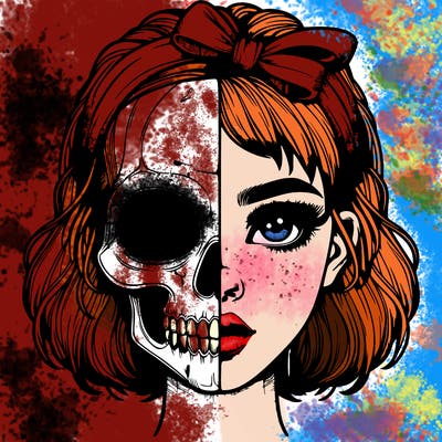 realistic girl with half skull mask