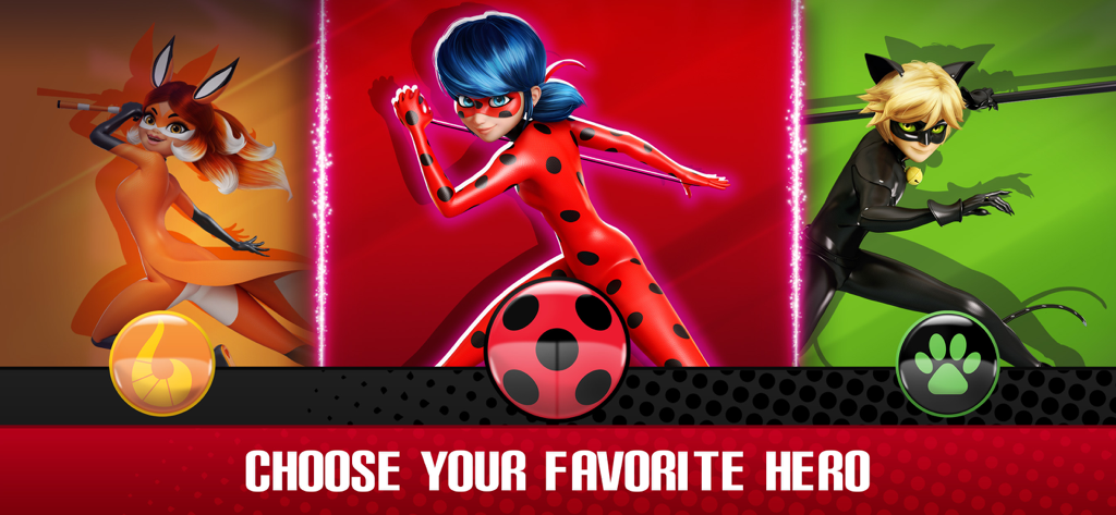 Miraculous Ladybug Life - Tela de seleção de personagem apresentando Ladybug, Cat Noir e Rena Rouge com o texto Escolha Seu Herói Favorito.