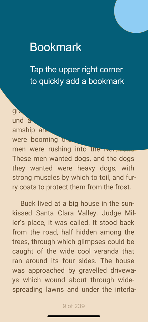 Screenshot der ReadEra App, der Anweisungen zum Tippen auf die obere rechte Ecke zum Hinzufügen eines Lesezeichens in einem E-Book zeigt