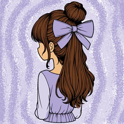 realistic girl  with hip length hair a bun and a big bow on the back of head
