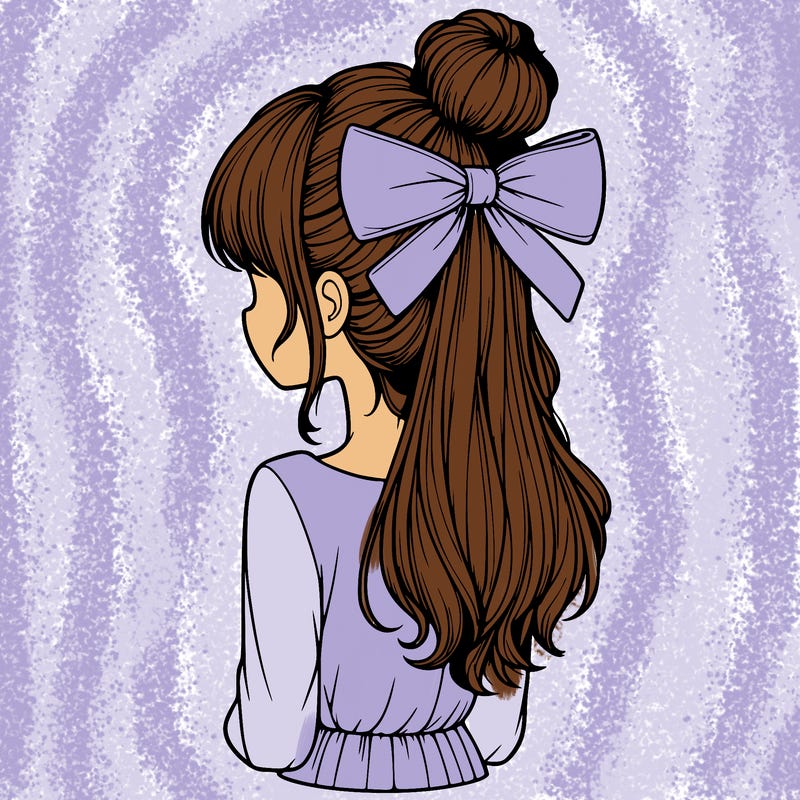 realistic girl  with hip length hair a bun and a big bow on the back of head