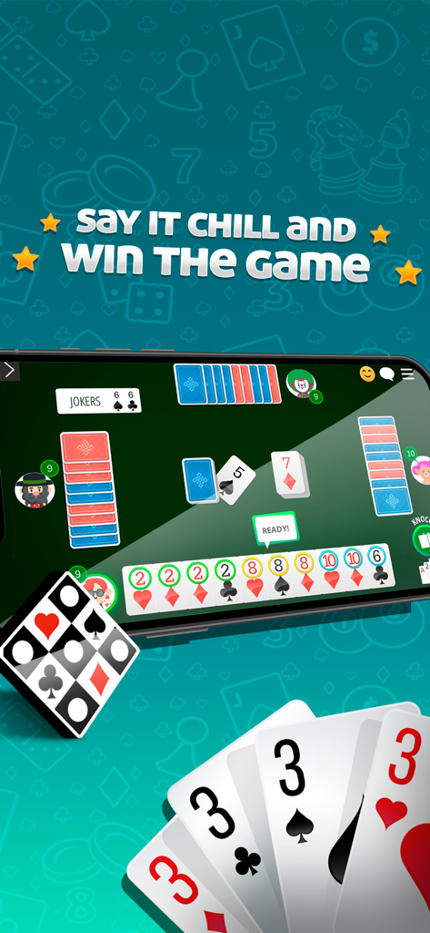 Smartphone displaying a digital card game of Cacheta with player avatars and organized cards