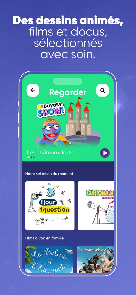 BayaM : Podcasts, jeux & films - Capture d'écran de l'application BayaM montant une sélection de dessins animés et de documentaires éducatifs pour enfants
