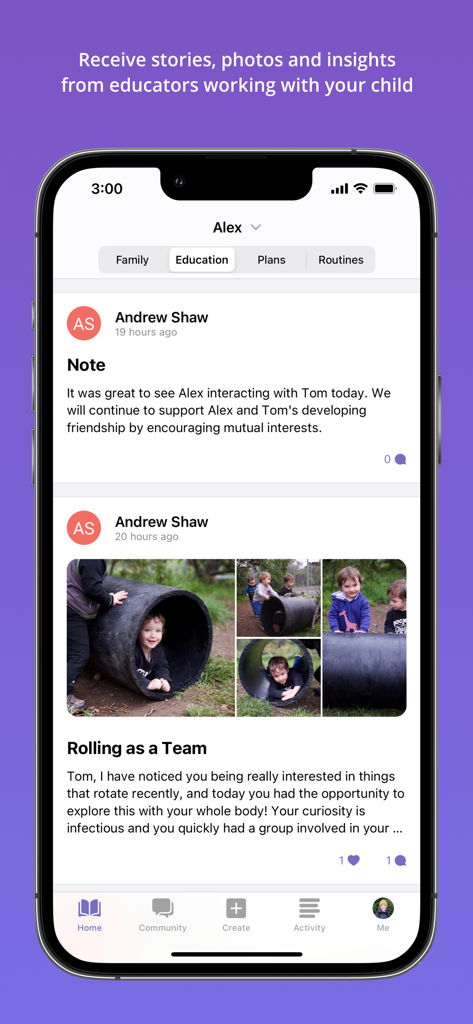 A screenshot of the Storypark for Families app displaying photos and updates from a child's teacher.