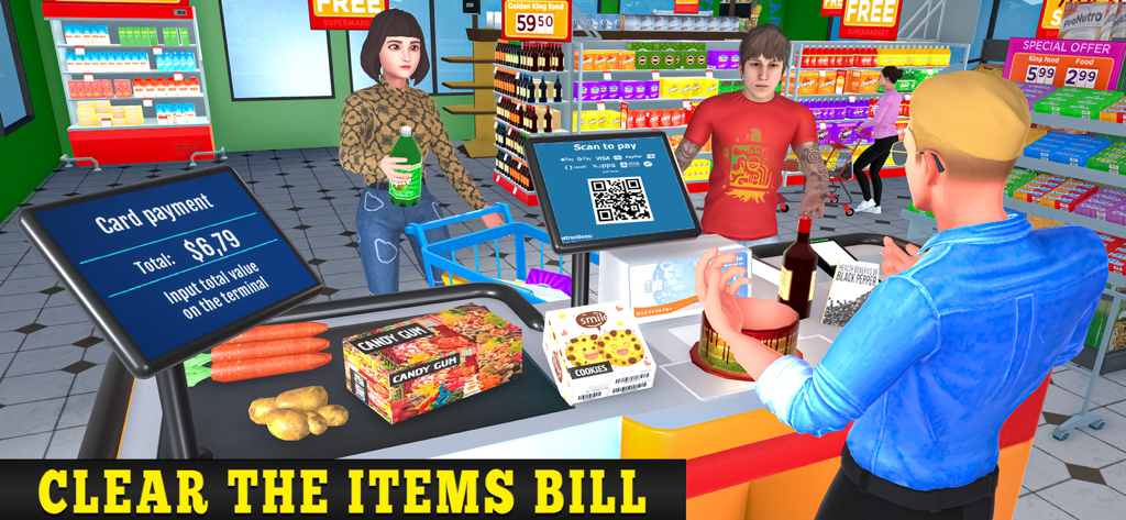 Managing a customer checkout and card payment in a 3D supermarket simulator