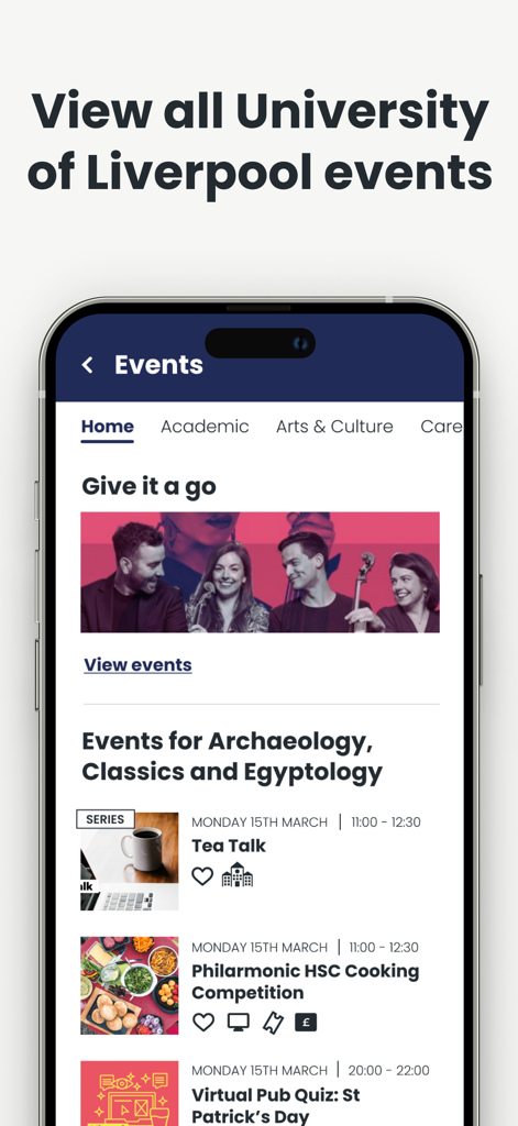 My Liverpool - Screenshot of the My Liverpool app showing a list of university events and activities with categories like Academic and Arts and Culture.