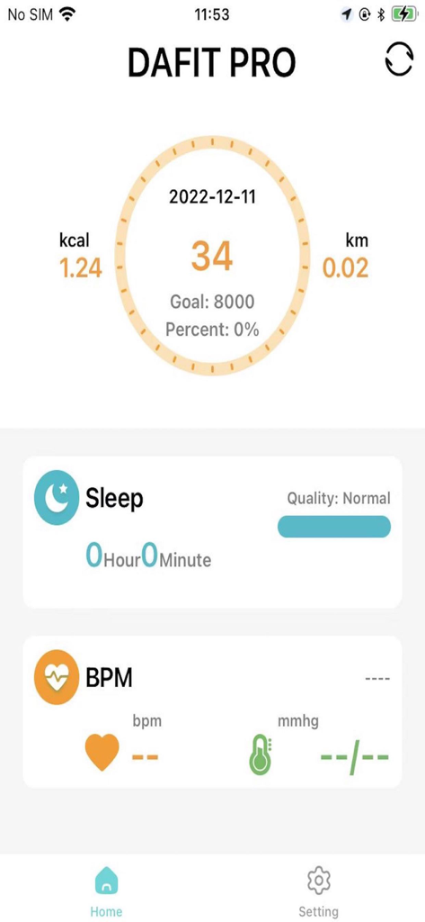 Tableau de bord de l'application DaFit Pro Band affichant le compteur de pas, le suivi du sommeil et les statistiques de surveillance de la fréquence cardiaque