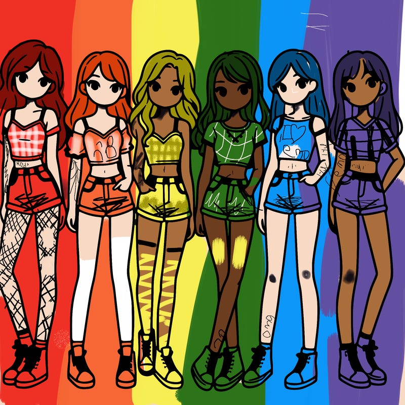 a group of girls wearing crop tops and shorts
