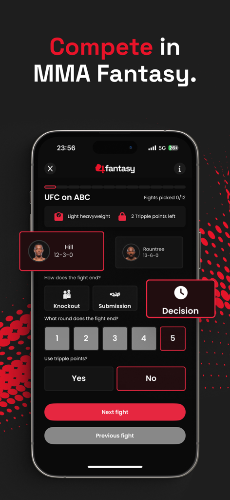 Fourounce: MMA Fantasy & Stats - Fourounce app screen showing MMA fantasy predictions for a light heavyweight fight