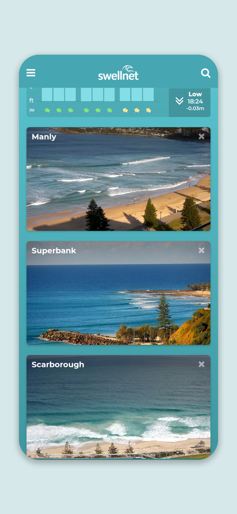 Swellnet app interface displaying live surf camera feeds and coastal tide information