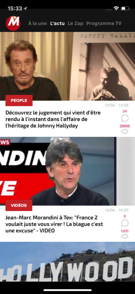 Morandini Blog app interface displaying French entertainment news articles