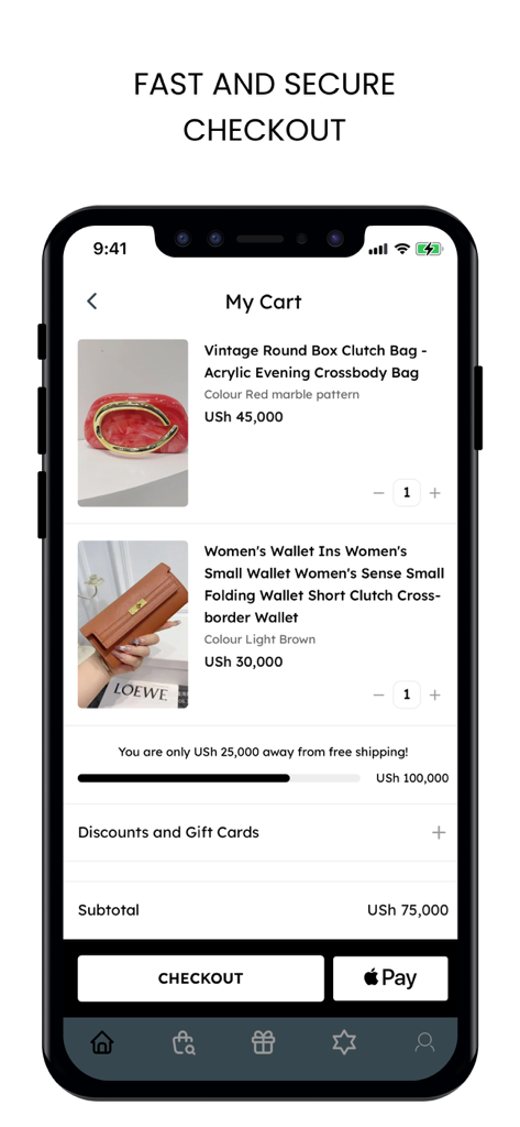 Moda UG: Fashion & Shopping - Schermata di checkout dell'app Moda UG che mostra un carrello della spesa con una pochette rossa e un portafoglio marrone con pulsanti di pagamento