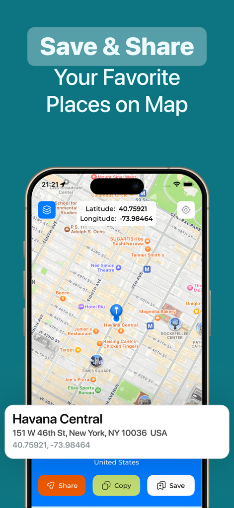 Location & GPS Saver - Share - Interfaz de la aplicación Logation mostrando un mapa con una ubicación marcada y opciones para compartir o guardar