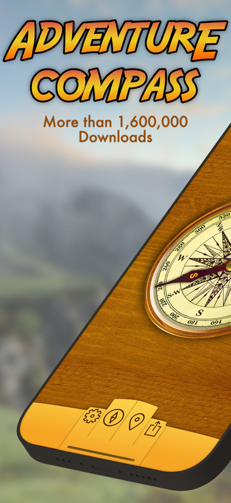 Adventure Compass app featuring an antique compass design on a rustic wood background