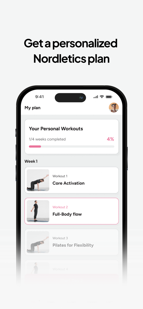 Application mobile Nordletics montrant un plan d'entraînement hebdomadaire personnalisé à domicile