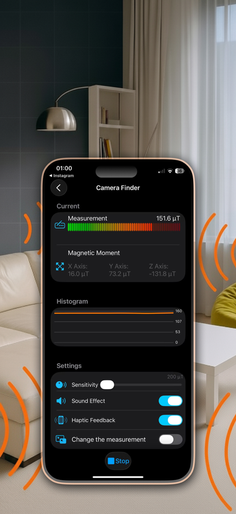 Device Detector - Spy Finder - Interfaz de aplicación de smartphone que muestra un escáner de campo magnético en tiempo real para encontrar dispositivos ocultos en una habitación