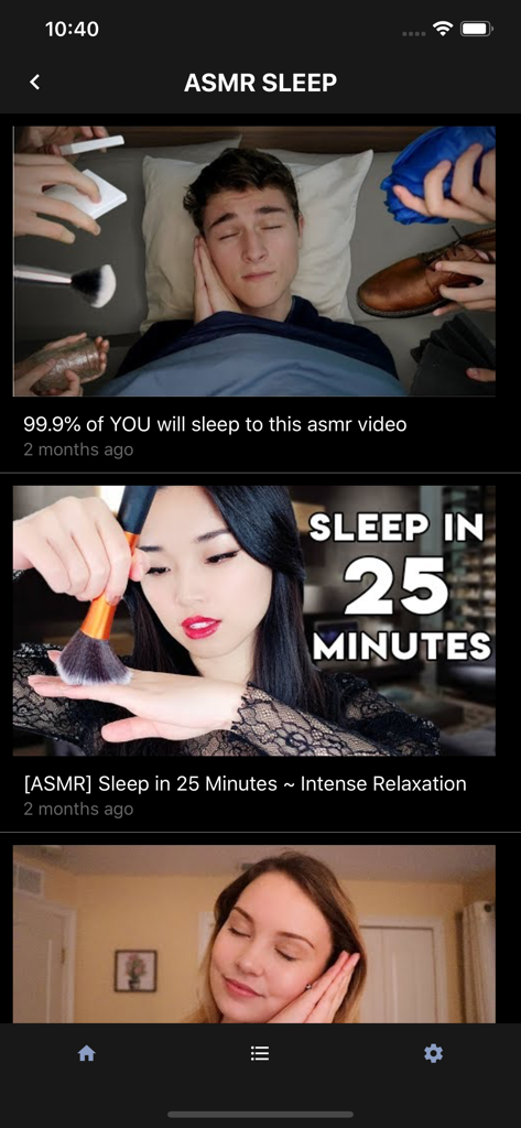 Una galería de videos ASMR para dormir y relajarse dentro de la interfaz de la aplicación