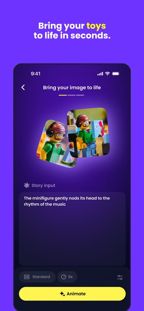 NaukNauk - NaukNauk app screen showing the AI animation tool to bring a Lego minifigure to life using a story prompt.