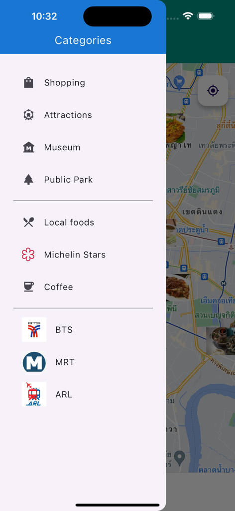 Menú de la aplicación Mapa Guía BKK que muestra categorías para atracciones, compras, comidas locales y transporte público como BTS y MRT