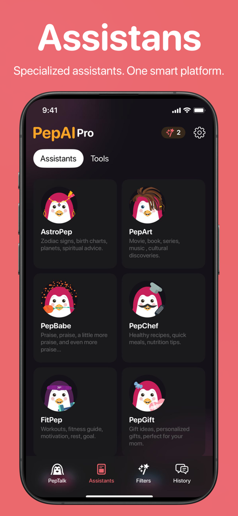 PepAI - Your Daily Companion - A display of specialized AI assistants within the PepAI Pro app including experts for astrology art cooking and fitness