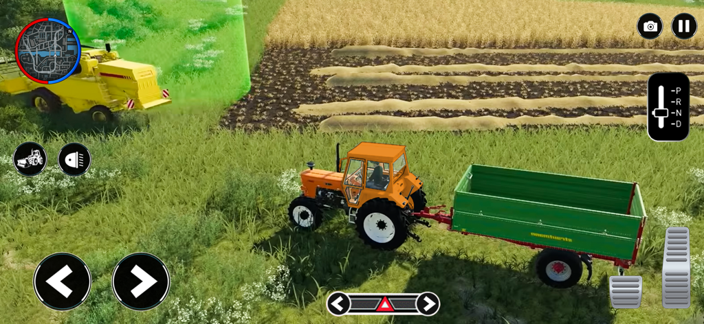 Farming Games Tractor Driving - A 3D farming simulator showing an orange tractor with a green trailer on a field next to a yellow harvester.