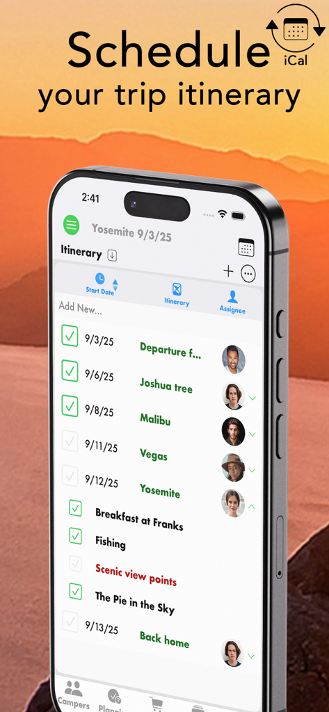Pro Camping Planner app interface showing a detailed trip itinerary with dates locations and assigned group members