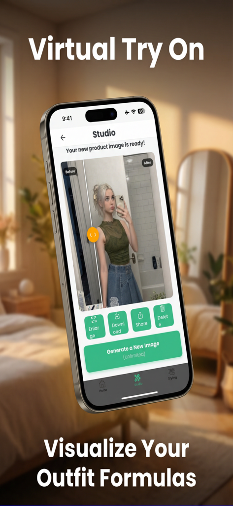 A smartphone screen showing the virtual try-on feature of the Kombinlio app for visualizing outfit formulas.