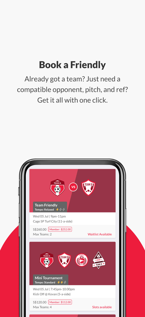 Stranger Soccer mobile app interface showing options to book a friendly team game or a mini tournament