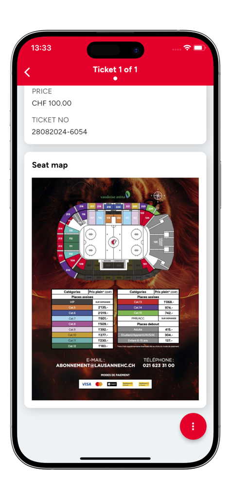 LHC Tickets - Oberfläche der LHC Tickets App zeigt eine detaillierte Arena-Sitzplatzkarte und Ticketpreise für den Lausanne Hockey Club.