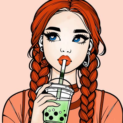 realistic girl with braided hair drinking boba