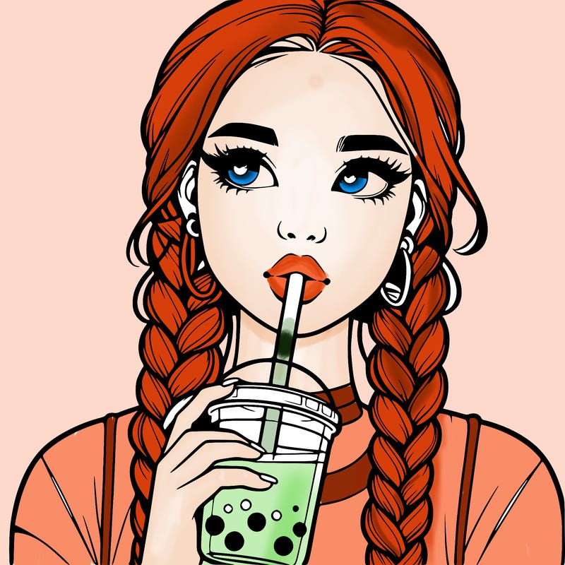 realistic girl with braided hair drinking boba