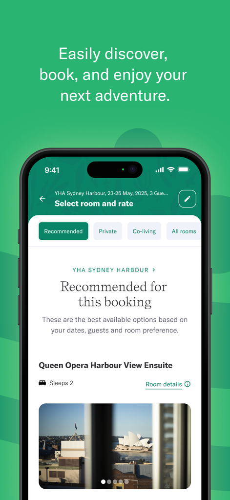 YHA Explorer - Room selection screen for YHA Sydney Harbour in the YHA Explorer app showing accommodation options and views.