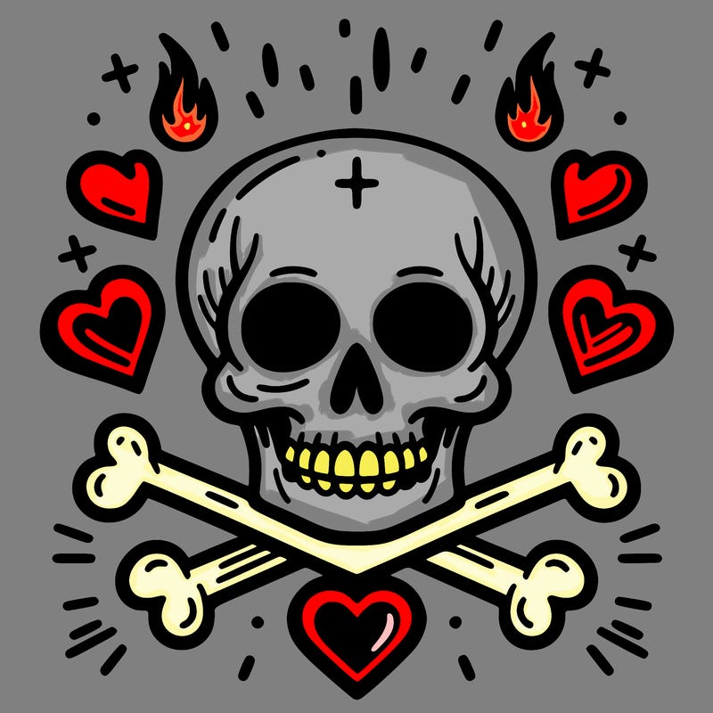 skull with deadly hearts around