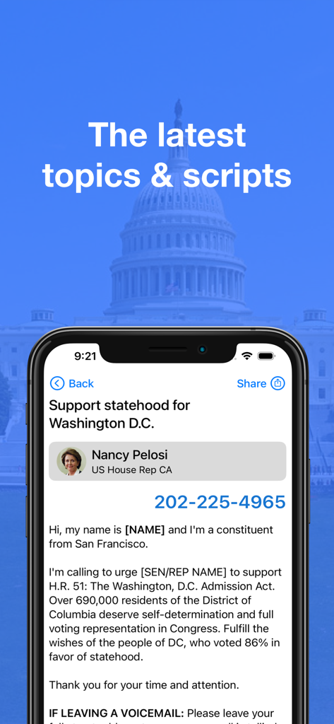 5 Calls: Contact Your Congress - Interfaccia dell'app mobile che mostra uno script di chiamata e il numero di telefono per contattare un rappresentante degli Stati Uniti