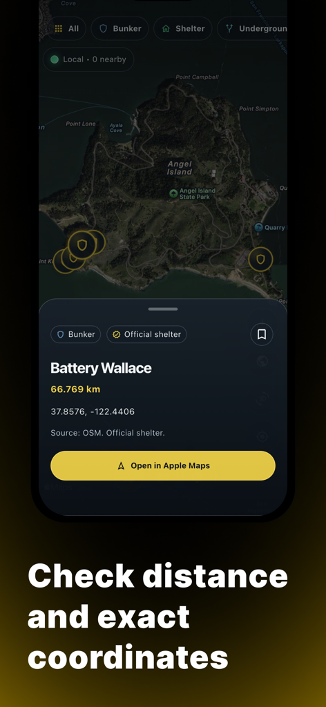 Bunkers & Shelters Map - Haven - Ein Screenshot der Haven-App, der eine Karte mit Schutzraumstandorten und eine detaillierte Ansicht von GPS-Koordinaten und Entfernung für Battery Wallace zeigt.