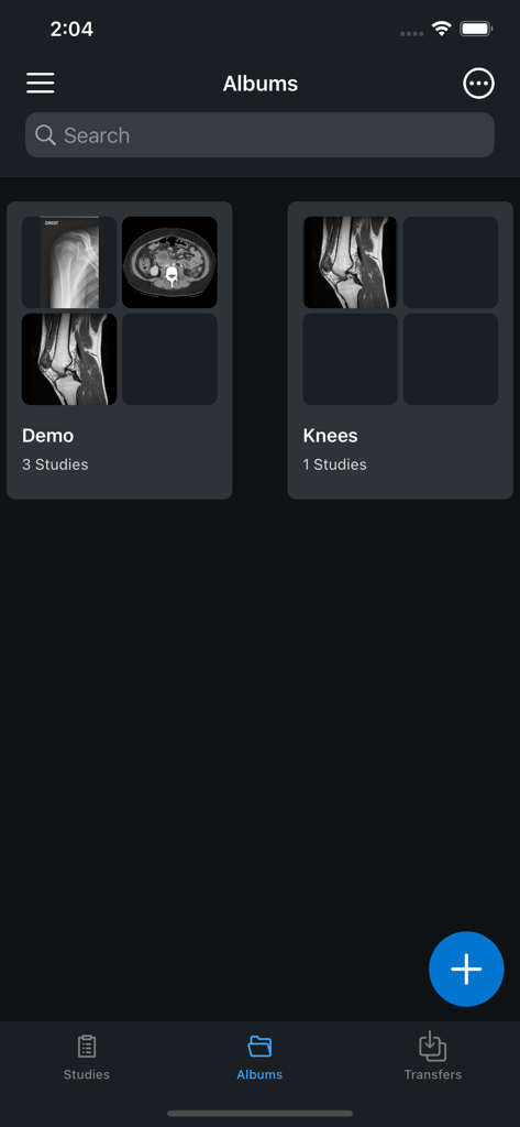 Mobile app screen showing organized medical study albums with thumbnails of x-rays and mri scans