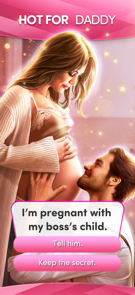 Una escena de historia de romance interactivo de Whispers que muestra a una mujer embarazada y un hombre con la opción de contarle el secreto o no.