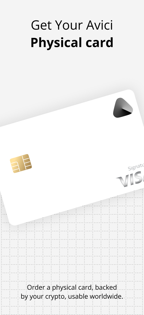 Una tarjeta Visa física Avici blanca respaldada por criptomonedas para uso mundial.