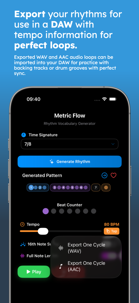 Metric Flow - Interfaz de la aplicación Metric Flow que muestra opciones para exportar bucles rítmicos como WAV o AAC para integración en DAW