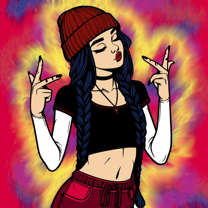 realistic teenage girl with braids and a beanie and crop top doing 🫶🏼