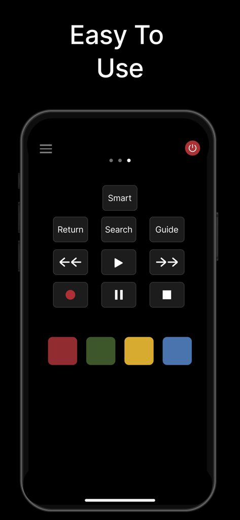 Universal Remote - TV Remote · - Pantalla de smartphone que muestra una interfaz de control remoto de TV digital fácil de usar con botones de reproducción y navegación