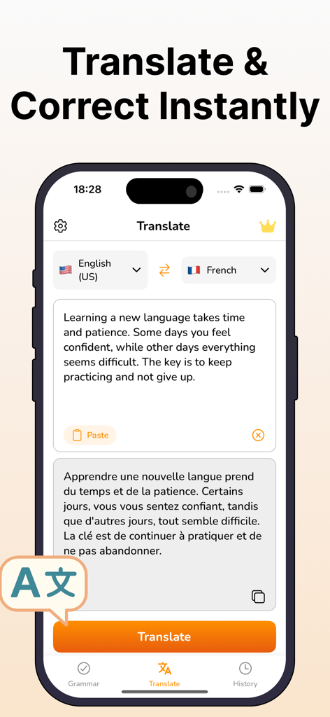 A screenshot of the Grammar Check Corrector app interface showing a translation from English to French.