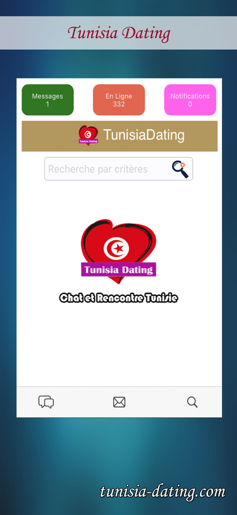 Tunisia Dating - Chat - Home screen of Tunisia Dating app featuring search and chat options